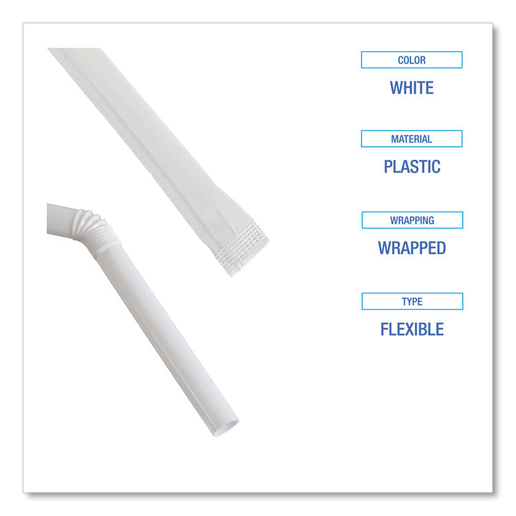 Flexible Wrapped Straws, 7.75", Plastic, White, 500/pack, 20 Packs/carton 7