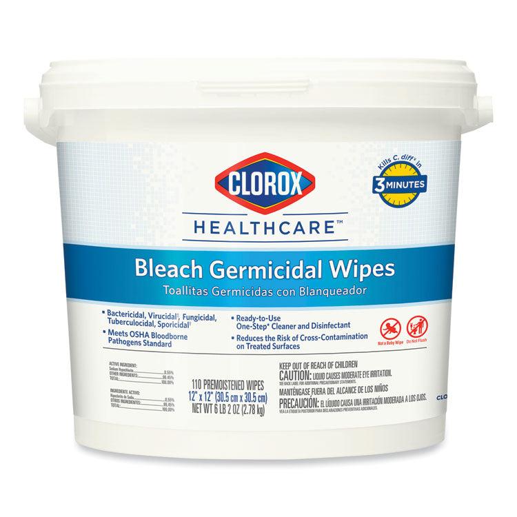 Bleach Germicidal Wipes, 1-Ply, 12 x 12, Unscented, White, 110/Canister, 2 Canisters/Carton 1