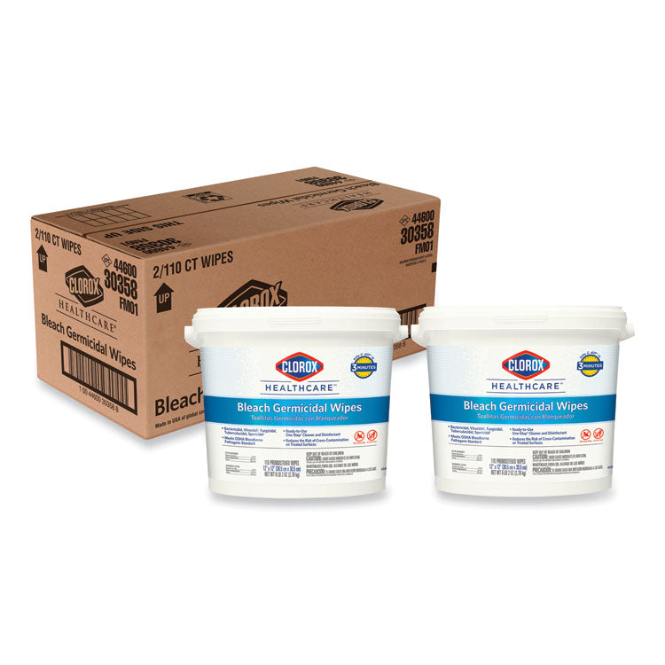 Bleach Germicidal Wipes, 1-Ply, 12 x 12, Unscented, White, 110/Canister, 2 Canisters/Carton 2