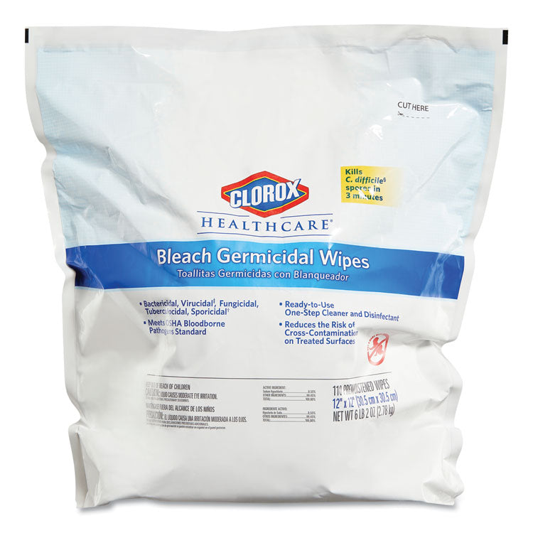 Bleach Germicidal Wipes, 1-Ply, 12 x 12, Unscented, White, 110/Refill, 2 Refills/Carton 2