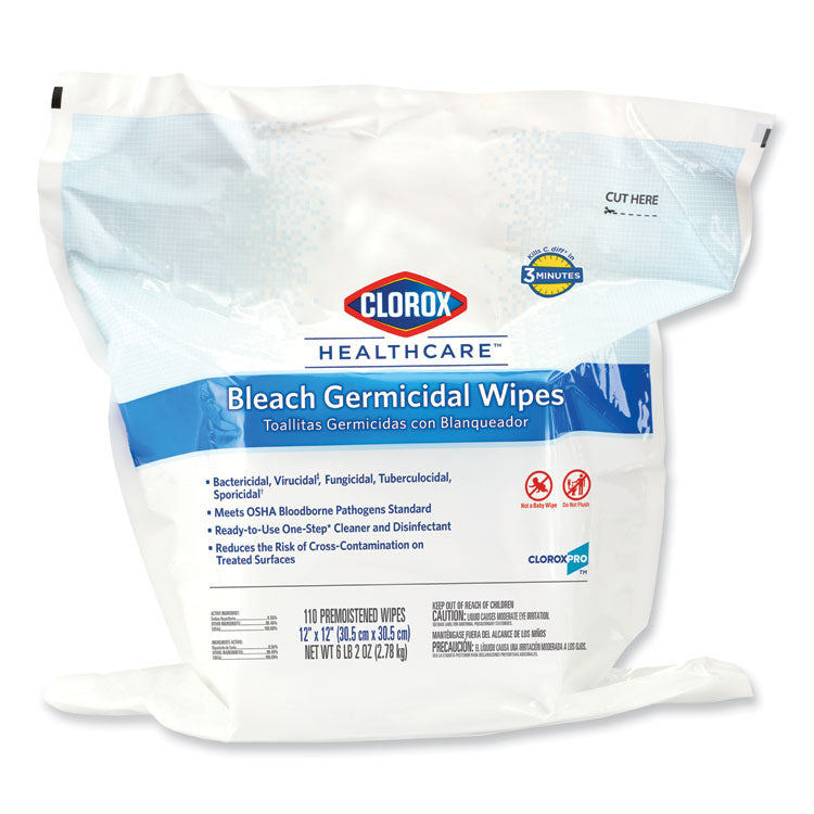 Bleach Germicidal Wipes, 1-Ply, 12 x 12, Unscented, White, 110/Bag 1