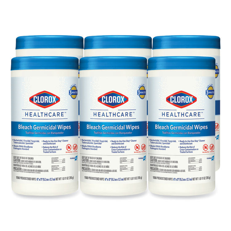 Bleach Germicidal Wipes, 1-Ply, 6 x 5, Unscented, White, 150/Canister, 6 Canisters/Carton 1