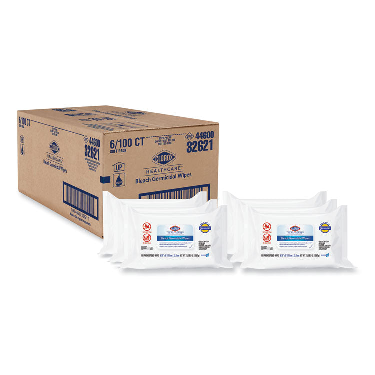 Bleach Germicidal Wipes, 1-Ply, 6.75 x 9, Unscented, White, 100 Wipes/Flat Pack, 6 Packs/Carton 1