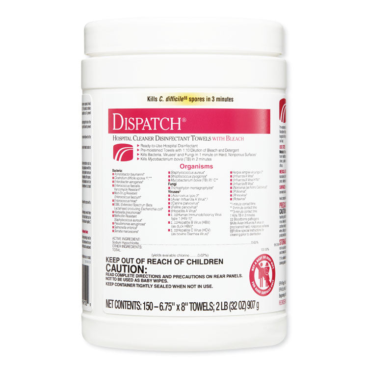 Dispatch Cleaner Disinfectant Towels, 1-Ply, 6.75 x 8, Unscented, White, 150/Canister, 8 Canisters/Carton 2