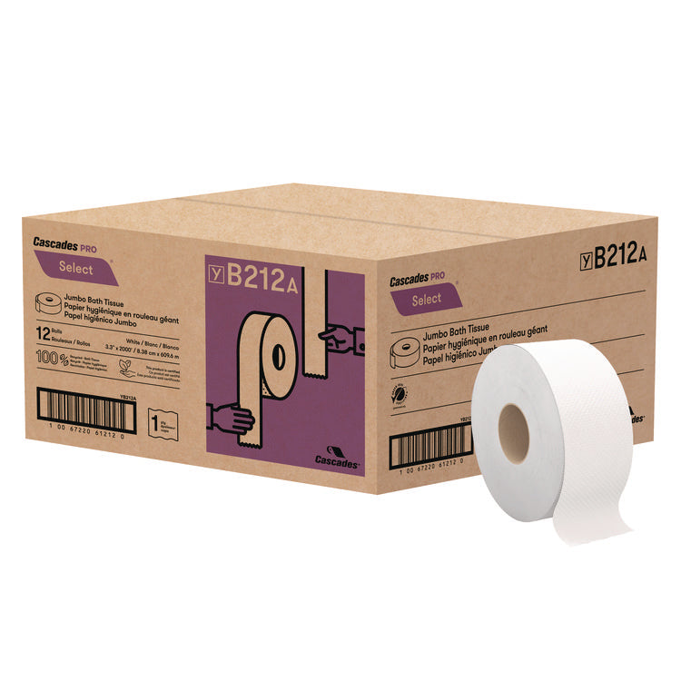 Select Jumbo Bath Tissue, Septic-Safe, 1-Ply, White, 3.3" x 2,000 ft, 12 Rolls/Carton 3