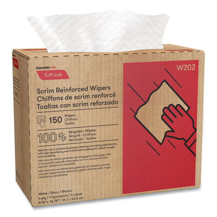 Tuff-Job Scrim Reinforced Wipers, 4-Ply, 9.75 x 16.75, White, 150/Box, 6 Box/Carton 2