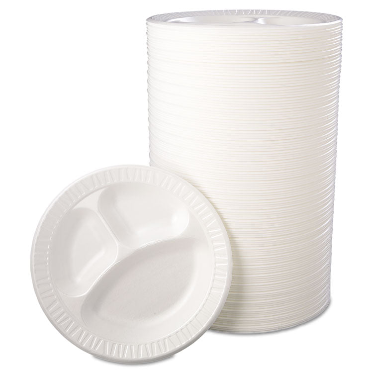 Quiet Class Laminated Foam Dinnerware, Plates, 3-Compartment, 10.25" dia, White, 125/Pack, 4 Packs/Carton 6