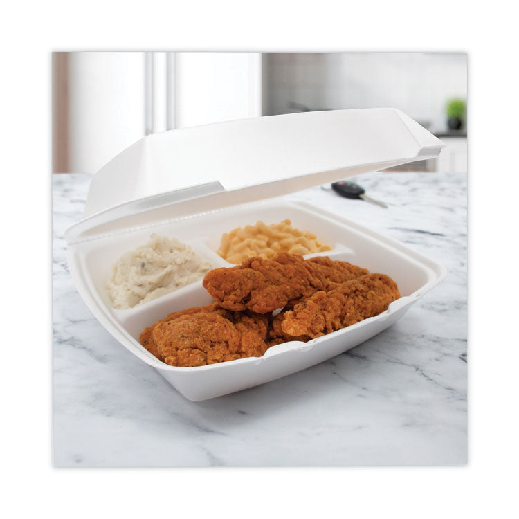 Insulated Foam Hinged Lid Containers, 3-Compartment. 7.9 x 8.4 x 3.3, White, 200/Carton 2