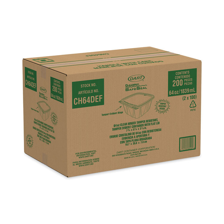 ClearPac SafeSeal Tamper-Resistant/Evident Containers, Flat Lid, 64 oz, 8.1 x 7.8 x 3.3, Clear, Plastic, 100/Bag, 2 Bags/CT 2