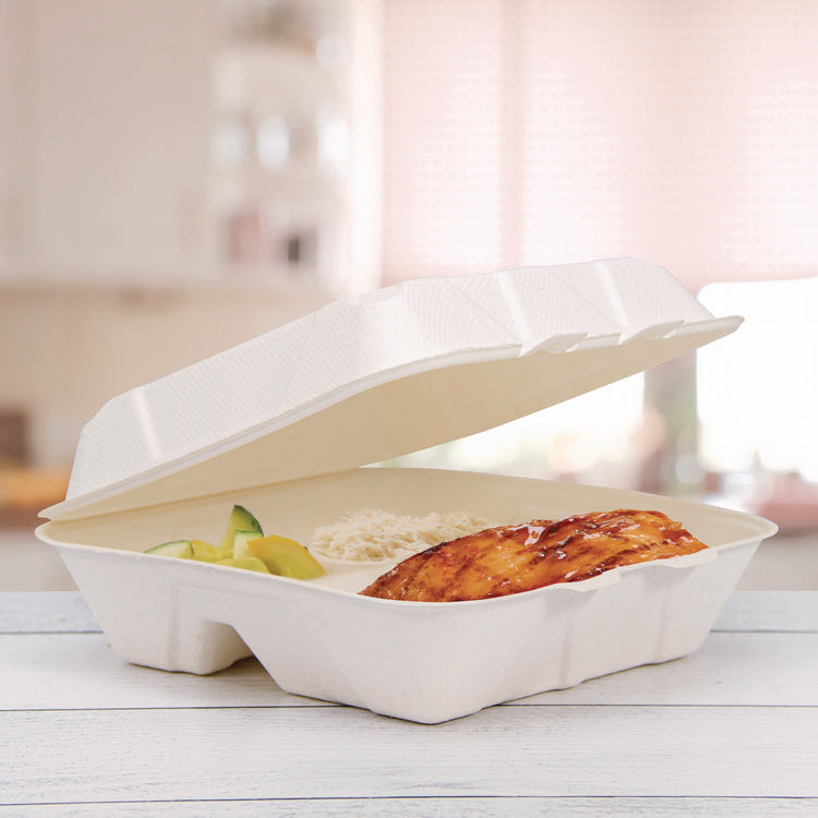 Compostable Fiber Hinged Trays, ProPlanet Seal, 3-Compartment, 9.25 x 9.45 x 2.17, Ivory, Molded Fiber, 200/Carton 6