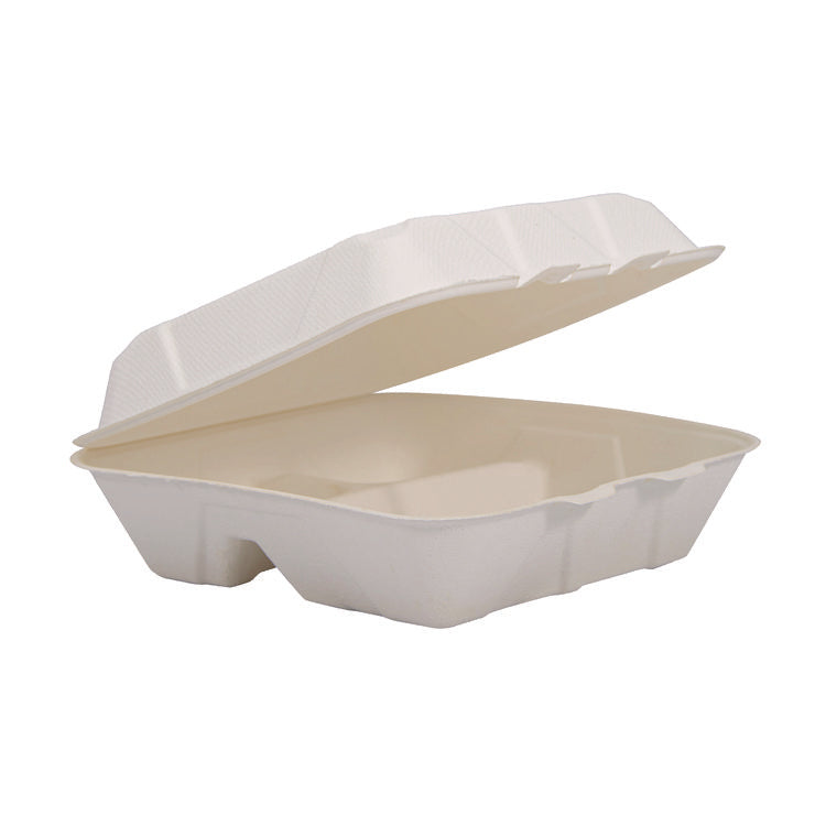 Compostable Fiber Hinged Trays, ProPlanet Seal, 3-Compartment, 9.25 x 9.45 x 2.17, Ivory, Molded Fiber, 200/Carton 1