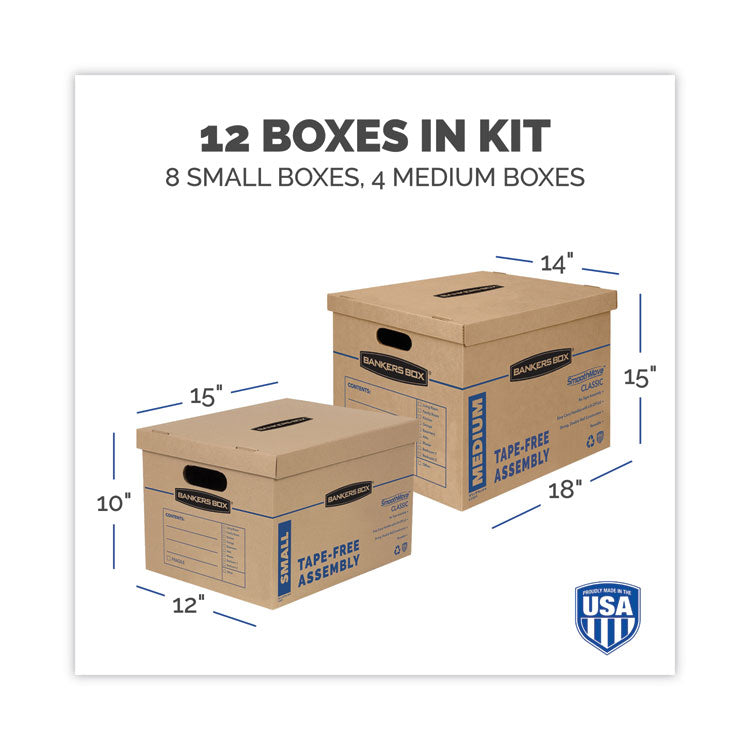 SmoothMove Classic Moving/Storage Box Kit, Half Slotted Container (HSC), Assorted Sizes: (8) Small, (4) Med, Brown/Blue,12/CT 2