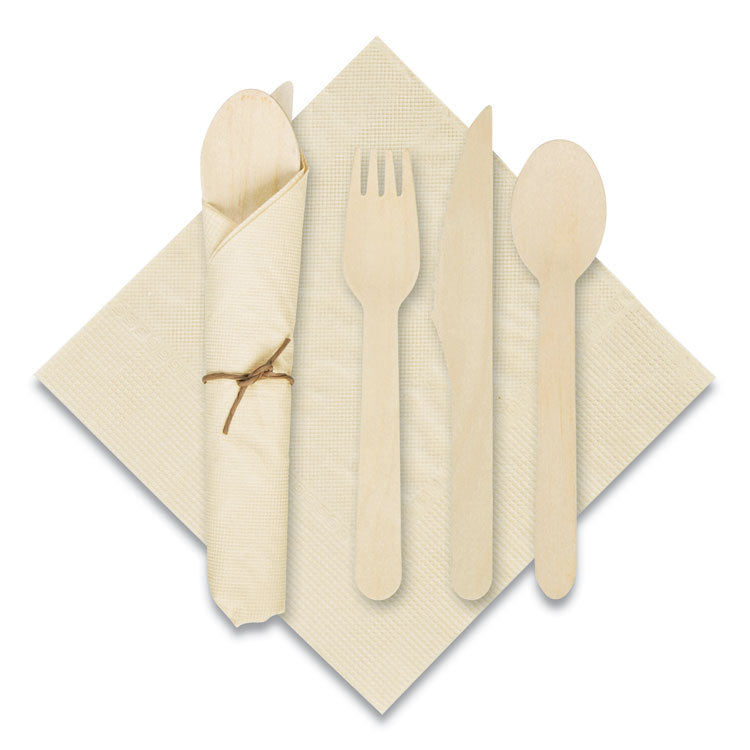 Pre-Rolled Caterwrap Kraft Napkins With Wood Cutlery, 6 X 12 Napkin;fork;knife;spoon, 7" To 9", Kraft, 100/carton 1