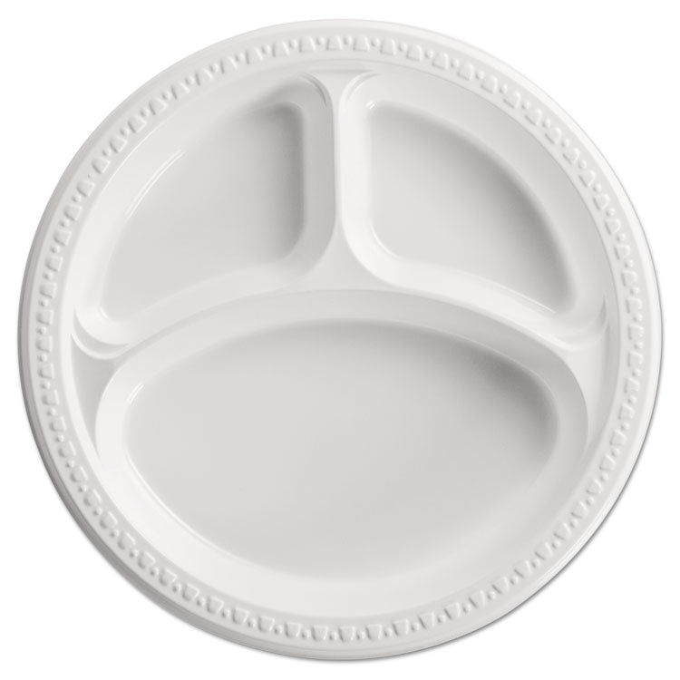 Heavyweight Plastic 3-Compartment Plates, 10.25" Dia, White, 125/pack, 4 Packs/carton 1