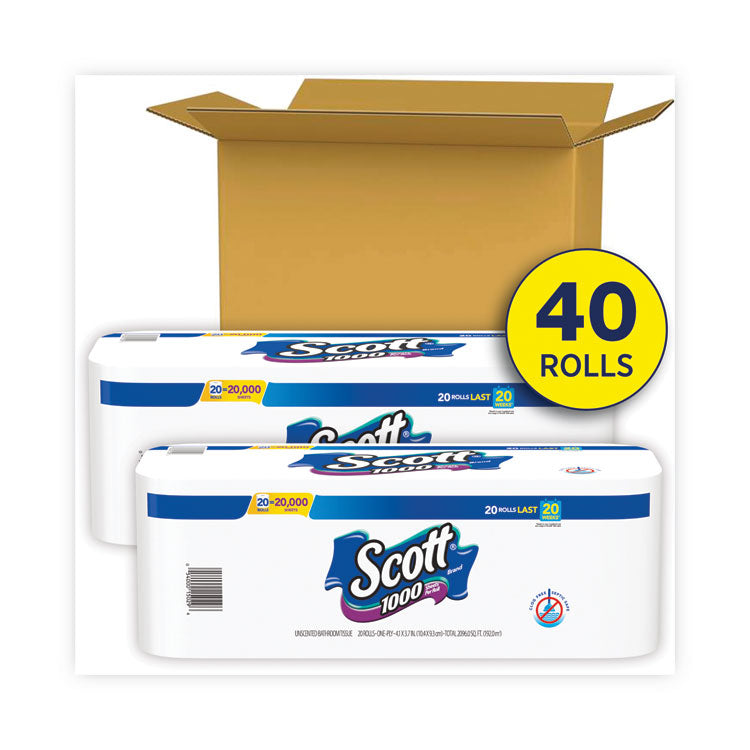 Standard Roll Bathroom Tissue, Septic Safe, 1-Ply, White, 1,000 Sheets/Roll, 20/Pack, 2 Packs/Carton 2