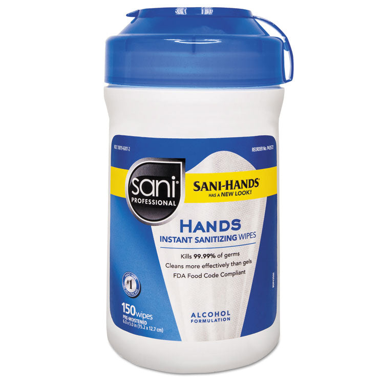 Hands Instant Sanitizing Wipes, 6 x 5, Unscented, White, 150/Canister, 12 Canisters/Carton 1