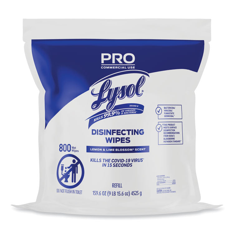 Professional Disinfecting Wipe Bucket Refill, 1-Ply, 6 x 8, Lemon and Lime Blossom, White, 800 Wipes/Bag, 2 Refill Bags/CT 1