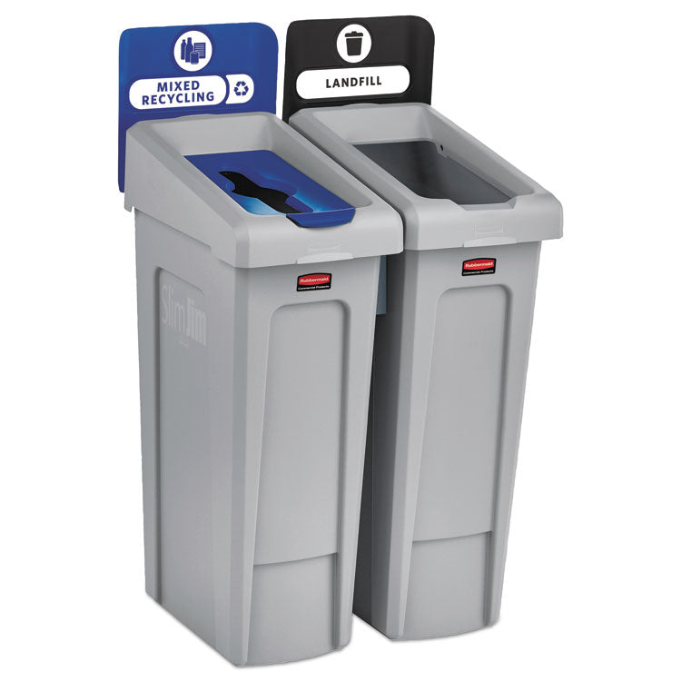 Slim Jim Recycling Station Kit, 2-Stream Landfill/Mixed Recycling, 46 gal, Plastic, Blue/Gray 1