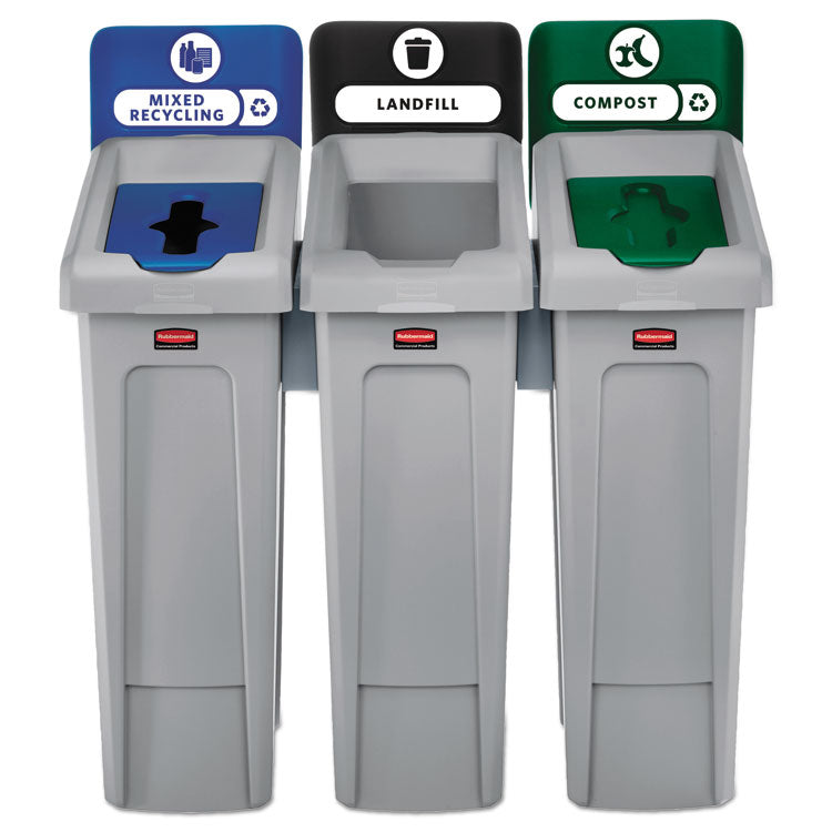 Slim Jim Recycling Station Kit, 3-Stream Landfill/Mixed Recycling, 69 gal, Plastic, Blue/Gray/Green 2