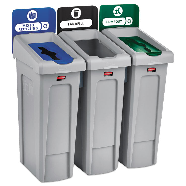 Slim Jim Recycling Station Kit, 3-Stream Landfill/Mixed Recycling, 69 gal, Plastic, Blue/Gray/Green 1