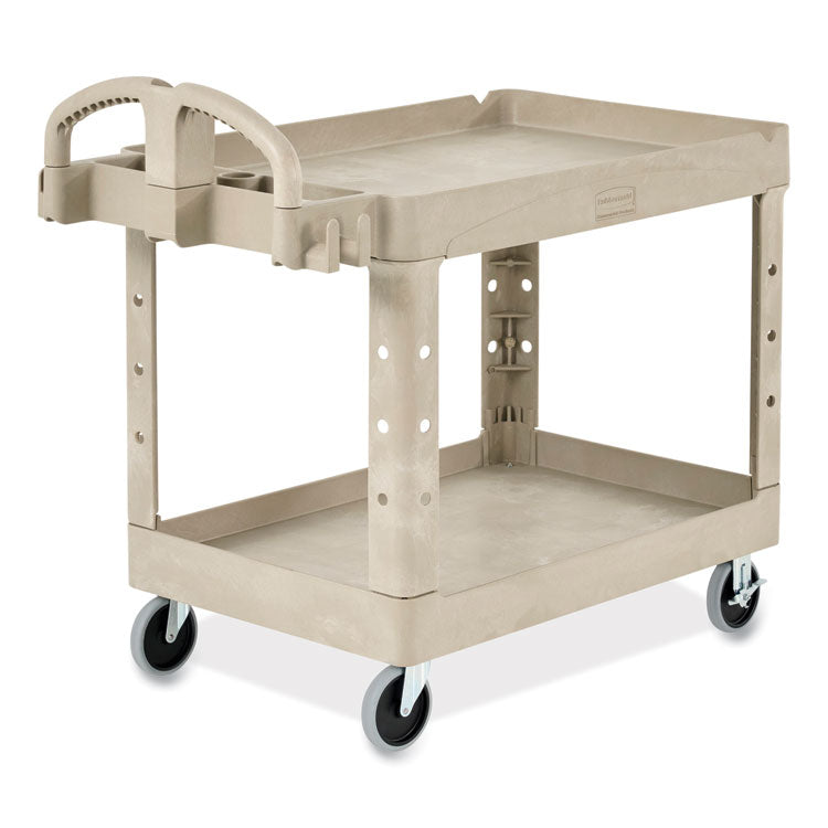 BRUTE Heavy-Duty Utility Cart with Lipped Shelves, Plastic, 2 Shelves, 500 lb Capacity, 25.9" x 45.2" x 32.2", Beige 3