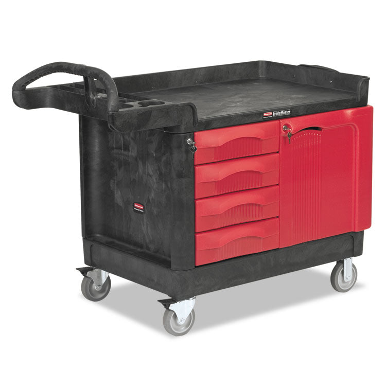 TradeMaster Cart with One Door, Plastic, 3 Shelves, 4 Drawers, 750 lb Capacity, 26.25" x 49" x 38", Black 1