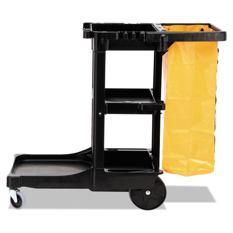 Multi-Shelf Cleaning Cart, Plastic, 4 Shelves, 1 Bin, 20" x 45" x 38.25", Black 6