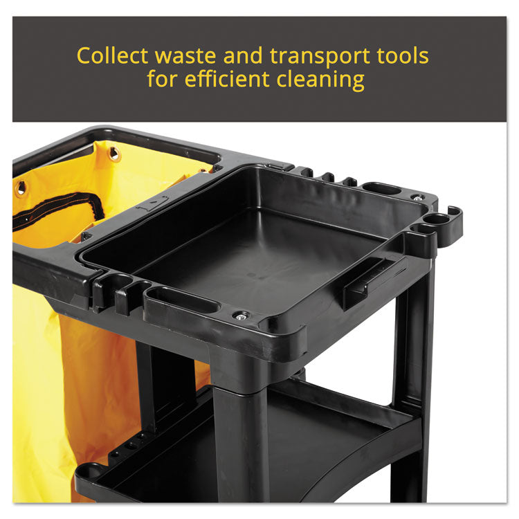 Multi-Shelf Cleaning Cart, Plastic, 4 Shelves, 1 Bin, 20" x 45" x 38.25", Black 9