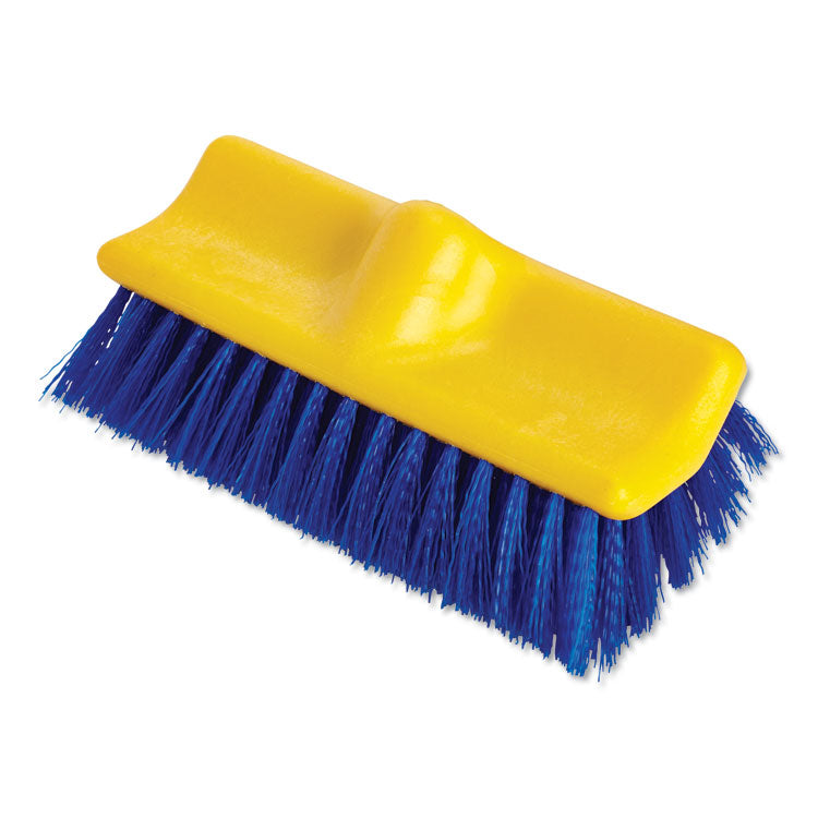 Bi-Level Deck Scrub Brush, Blue Polypropylene Bristles, 10" Brush, 10" Plastic Block, Threaded Hole 1