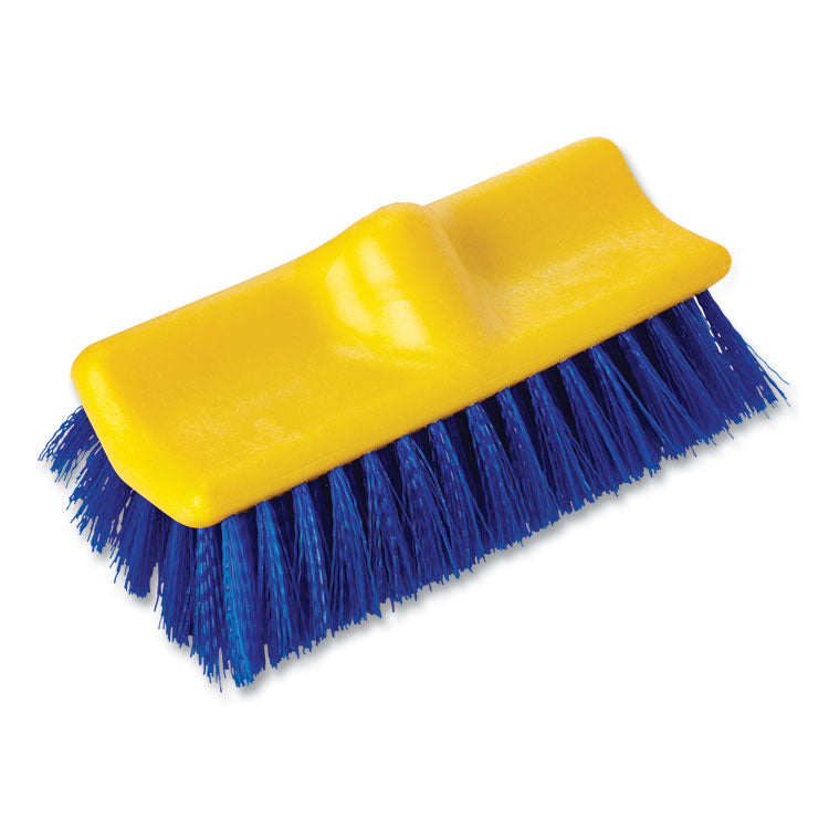 Bi-Level Deck Scrub Brush, Blue Polypropylene Bristles, 10" Brush, 10" Plastic Block, Threaded Hole 2