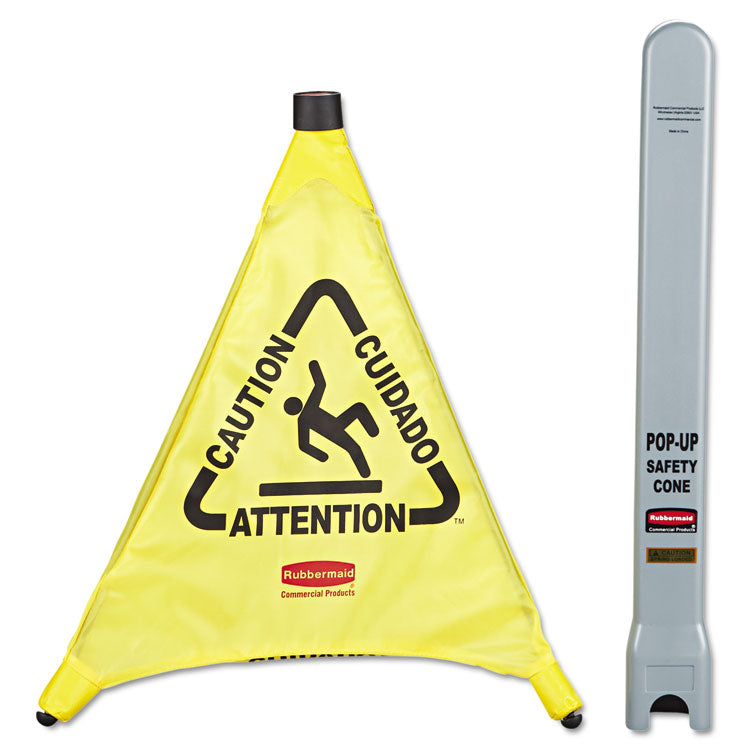 Multilingual Pop-Up Safety Cone, 3-Sided, Fabric, 21 X 21 X 20, Yellow 1