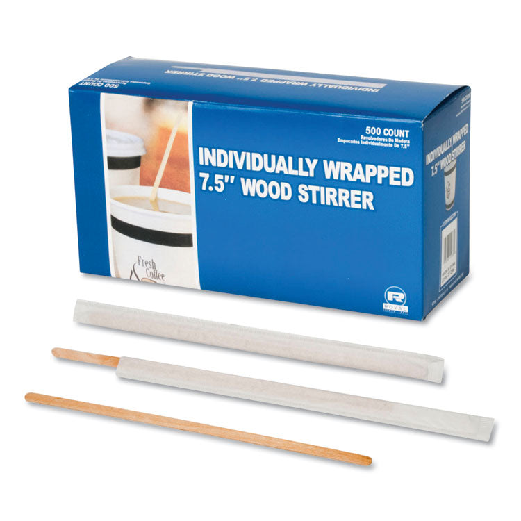 Wood Coffee Stirrers, 7.5", Wrapped, 5,000/carton 1