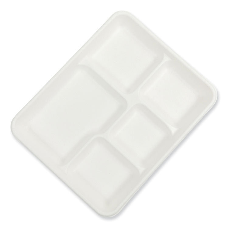 Bagasse PFAS-Free Food Tray, 5-Compartment, 8.26 x 10.23 x 0.94, White, Bamboo/Sugarcane, 500/Carton 1