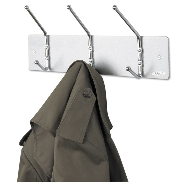 Metal Wall Rack, Three Ball-Tipped Double-Hooks, Metal, 18w x 3.75d x 7h, Satin 1