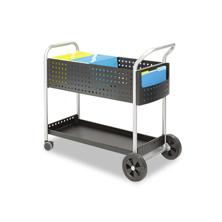 Scoot Dual-Purpose Mail and Filing Cart, Metal, 1 Shelf, 2 Bins, 22.5" x 39.5" x 40.75", Black/Silver 1