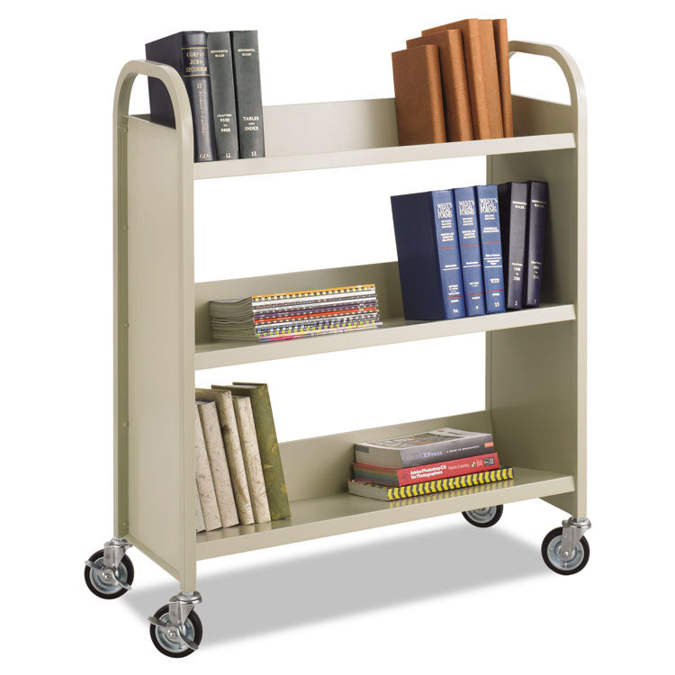 Steel Single-Sided Book Cart, Metal, 3 Shelves, 300 lb Capacity, 36" x 14.5" x 43.5", Sand 1