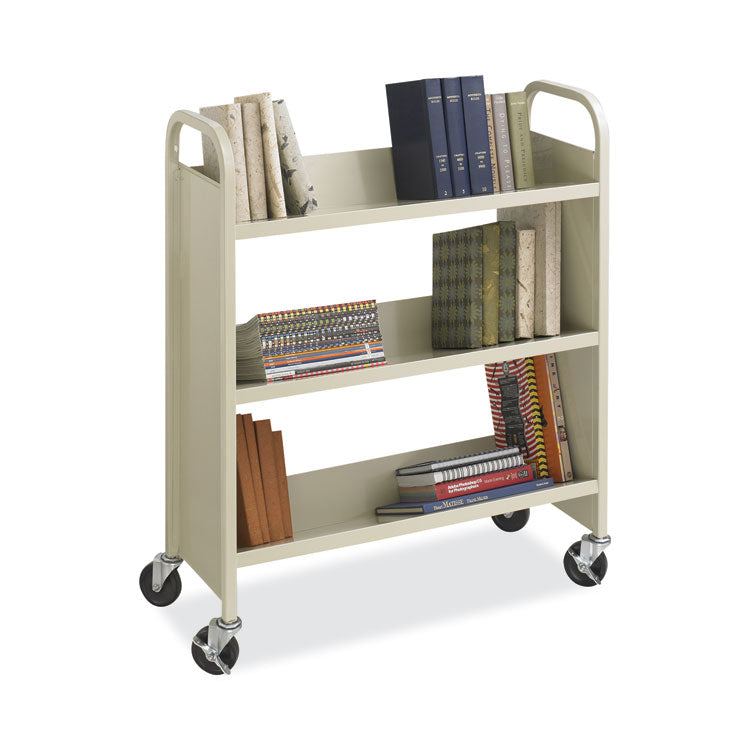 Steel Single-Sided Book Cart, Metal, 3 Shelves, 300 lb Capacity, 36" x 14.5" x 43.5", Sand 2