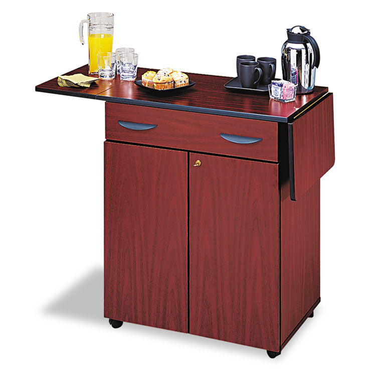 Hospitality Cart with Drop Leaves, Engineered Wood, 3 Shelves, 1 Drawer, 32.5" to 56.25" x 20.5" x 38.75", Mahogany 1