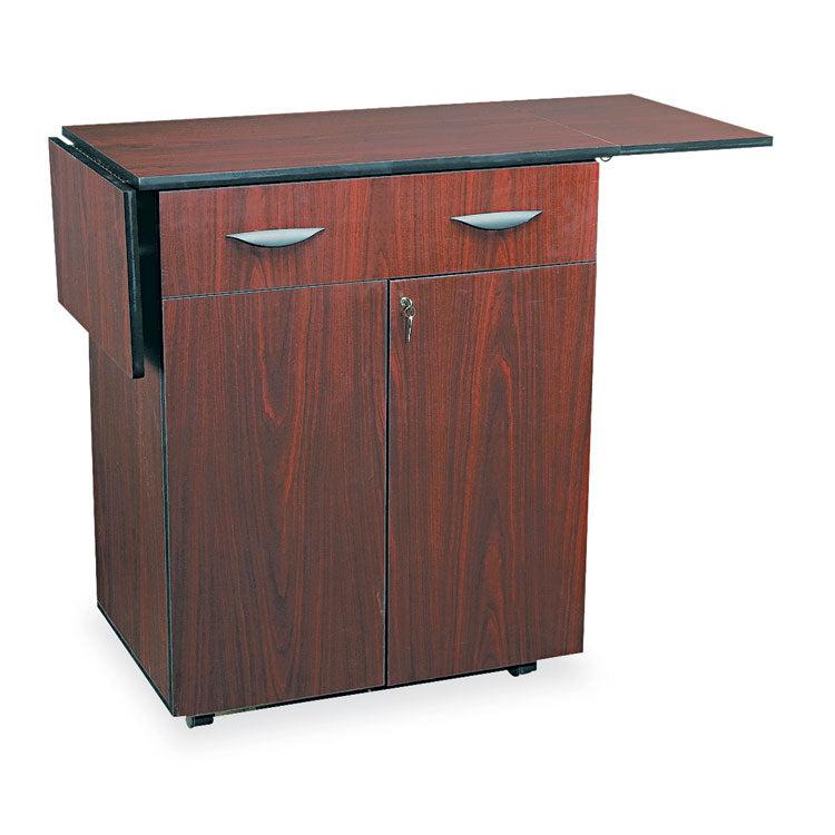 Hospitality Cart with Drop Leaves, Engineered Wood, 3 Shelves, 1 Drawer, 32.5" to 56.25" x 20.5" x 38.75", Mahogany 2