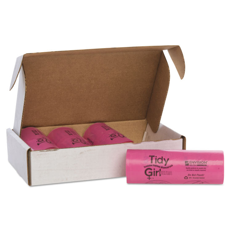 Feminine Hygiene Sanitary Disposal Bags, 4" x 10", Pink/Black, 150 Bags/Roll, 4 Rolls/Carton 6