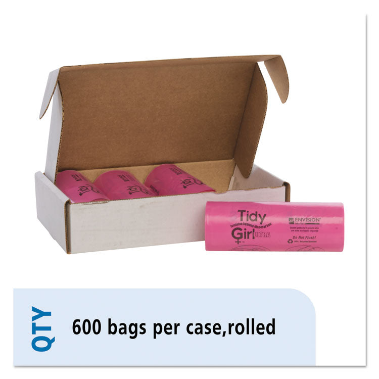 Feminine Hygiene Sanitary Disposal Bags, 4" x 10", Pink/Black, 150 Bags/Roll, 4 Rolls/Carton 10