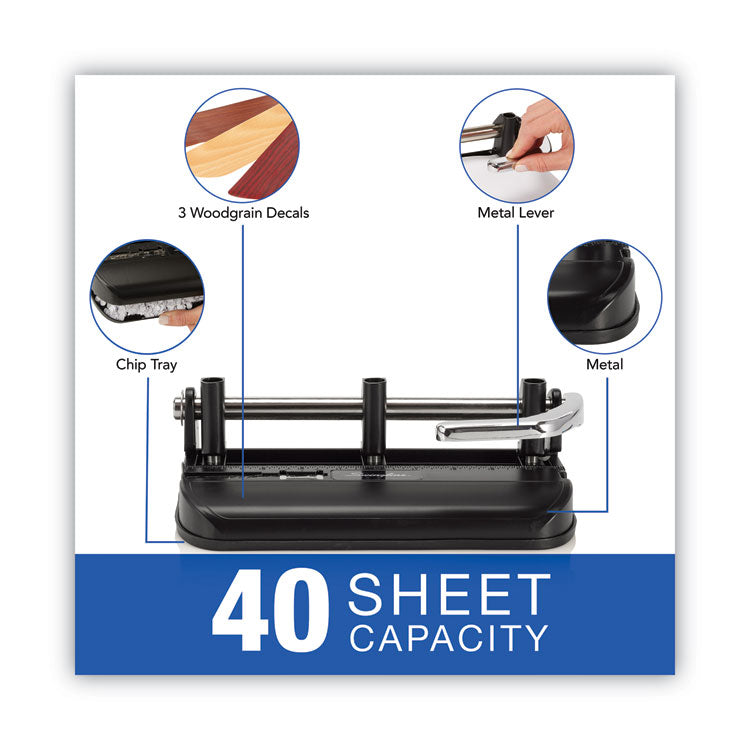 40-Sheet Accented Heavy-Duty Lever Action Two- To Seven-Hole Punch, 11/32" Holes, Black/woodgrain 4