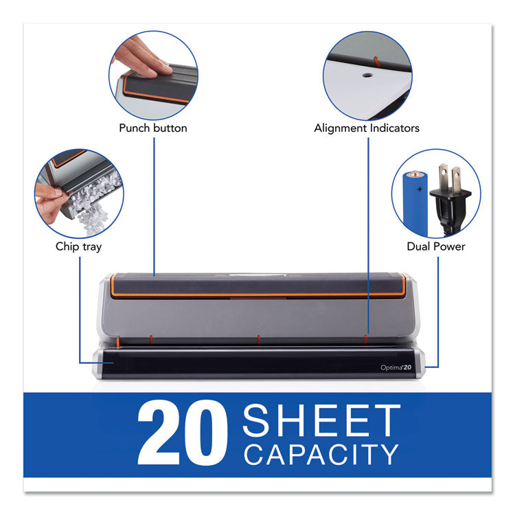 20-Sheet Optima 20 Electric Punch, Three-Hole, 9/32" Holes, Silver/black 2