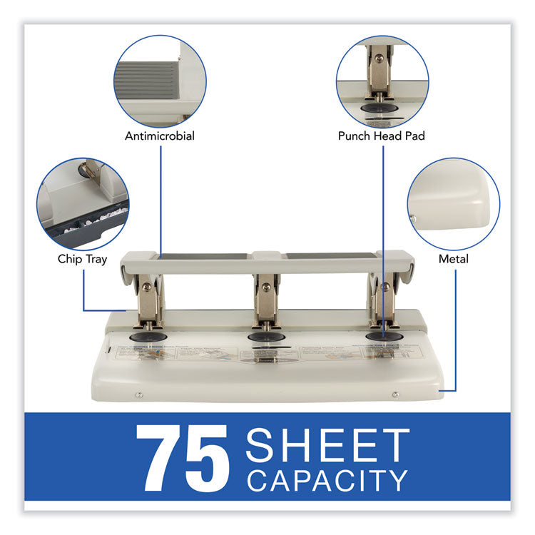 75-Sheet Heavy-Duty High-Capacity Three-Hole Adjustable Punch, 9/32" Holes, Putty/gray 4