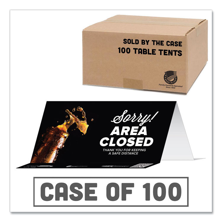 Besafe Messaging Table Top Tent Card, 8 X 3.87, Sorry! Area Closed Thank You For Keeping A Safe Distance, Black, 100/carton 1