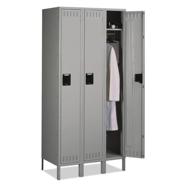 Single-Tier Locker with Legs, Three Lockers with Hat Shelves and Coat Rods, 36w x 18d x 78h, Medium Gray 1