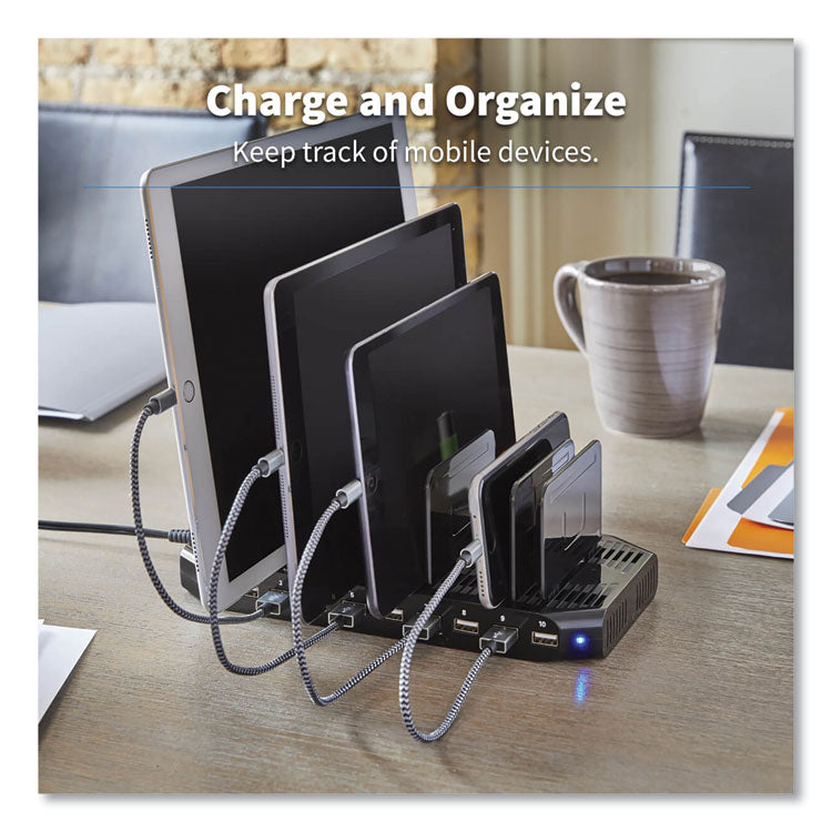 Desktop Charging Station with Adjustable Storage, 10 Devices, 9.4 x 4.7 x 1, Black 2