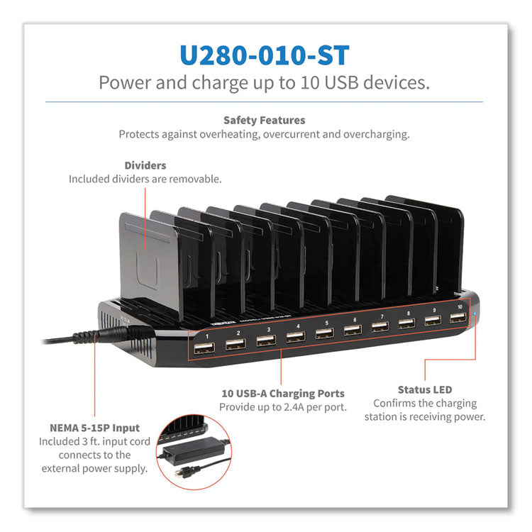 Desktop Charging Station with Adjustable Storage, 10 Devices, 9.4 x 4.7 x 1, Black 3