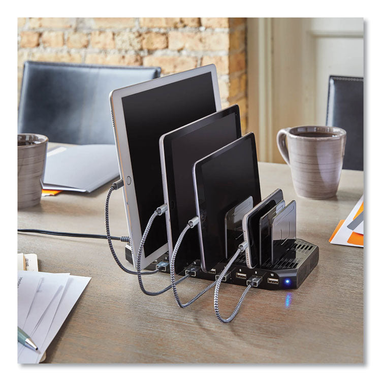 Desktop Charging Station with Adjustable Storage, 10 Devices, 9.4 x 4.7 x 1, Black 8