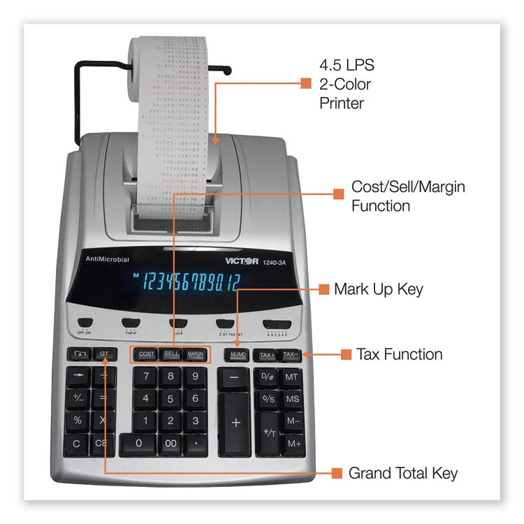 1240-3a Antimicrobial Printing Calculator, Black/red Print, 4.5 Lines/sec 4